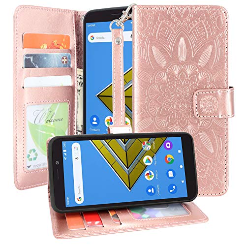 Harryshell Kickstand Flip PU Leather Protective Wallet Case Cover with Card Slots Wrist Strap for Cricket Icon Smartphone U304/ATT Radiant Core/Wiko Ride U300 (Rose Gold)