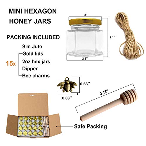 Mini Hexagon Honey Jars - 2 Oz 15 Pack Little Glass Honey Jar - Glass Honey Jars With Gold Lids, Wooden Dippers, Bee Charms And Jutes - Small Honey Jars For Baby Showers, Wedding And Party Favors #TOP1