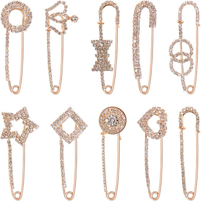 – Silver Studded Saree Pin | Brooch | Button | Safety Pin | Hijab Pins For Women | Girls - Big size (set of 6) (Silver)-image-46
