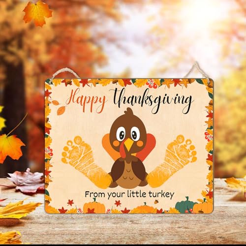 Image of DIY Baby's First Thanksgiving Footprint Sign for Newborn, Fall Autumn Keepsake for New Baby, Holiday Milestone Cards for Girl, Boy, Ideal Baby Shower Gifts, New Mom Gifts (Happy Thanksgiving)