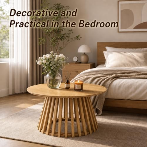 Image of HNY Modern Black Round Coffee Table for Living Room, Mid Century Wood Outdoor 31.5 inch Circle Small Center Table with Fluted Base for Patio, Home Small Space, Bedroom, Apartment, Studio, Natural