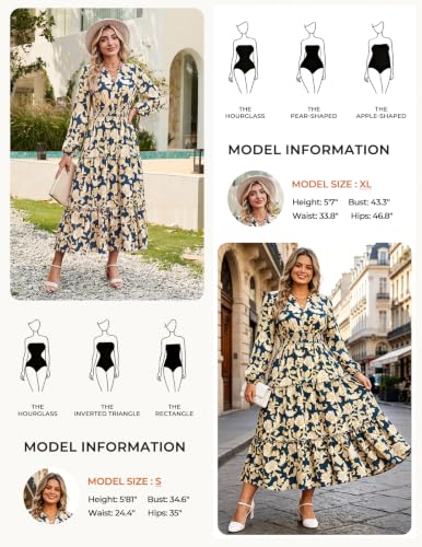 GRACE KARIN Women's Floral Maxi Dress 2026 Fall Long Sleeve V Neck Empire Waist A Line Flowy Dress with Pocket Peacock Blue White Floral L — view 4