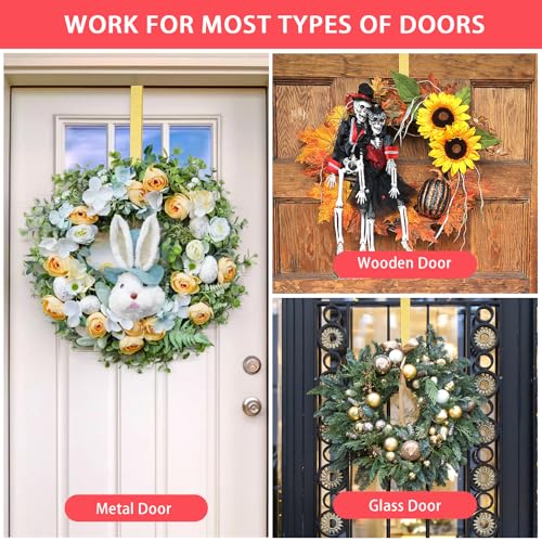 Image of 12 inch Wreath Hanger Over the Door Hooks, Non Scratch Wreath Door Hanger Hooks for Hanging Welcome Sign, Metal Wreath Hangers for Front Door Decor, Thin Door Hanger for Easter Christmas Home Decoration