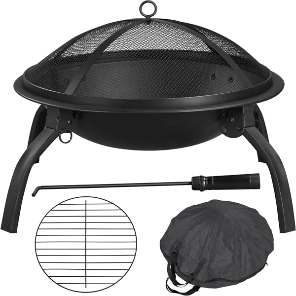 Abician Brasero extérieur terrasse Brasero de Jardin Exterieur Terrasse Brasero avec Poker, Grille, Couvercle, Sac 54 x 54 x 38,5 cm Noir