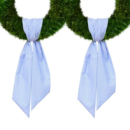 2 Pieces Baby Shower Wreath Sash for Front Door, Blue Seersucker Sash Stripes Wreath Accessories for Home Wedding Birthday Decorations