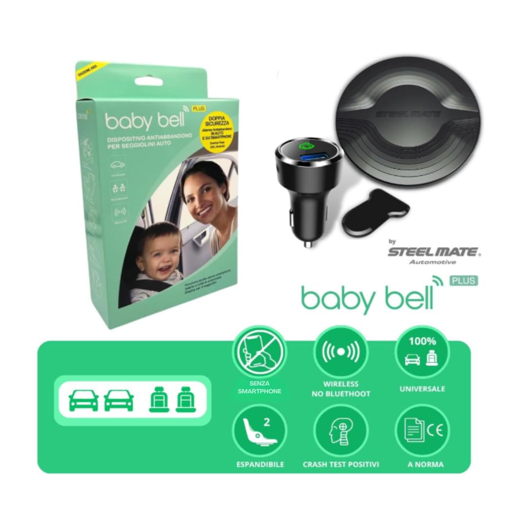 BABY BELL PLUS EDIZIONE 2025, Dispositivo antiabbandono auto, Anti abbandono seggiolino auto, Universale, con batterie nuove a lunga durata, Nuovo modello massima sicurezza