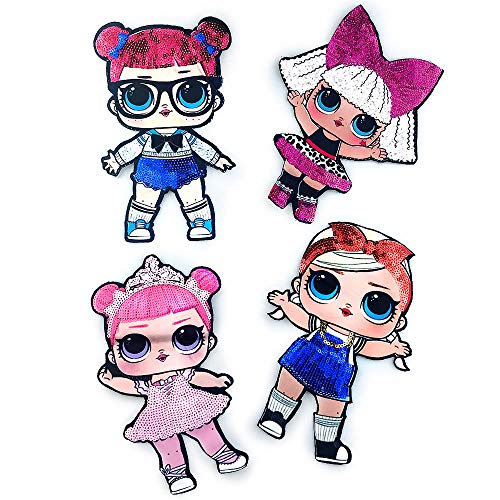 4 Pcs Surprise Doll Cute Girl Mermaid Applique Large Embroidered Patches for Clothes DIY Iron on Sequined Patch