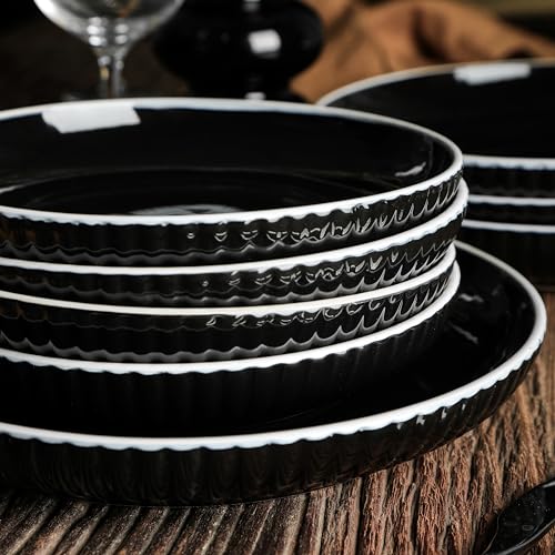 Image of Christian Siriano Lustra Modern 16-Piece Stoneware Dinnerware Set, Plates and Bowls Set, Dinner and Salad Plates, Ramen Bowls, Dishes for 4, Black
