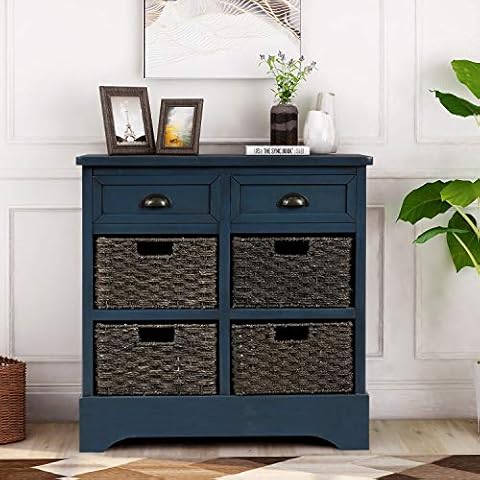 MYEYPEL 2 Drawers Cabinet,28" W Rustic Storage Cabinet with 4 Classic Rattan Basket for Dining Room,Living Room,Antique Navy Cover