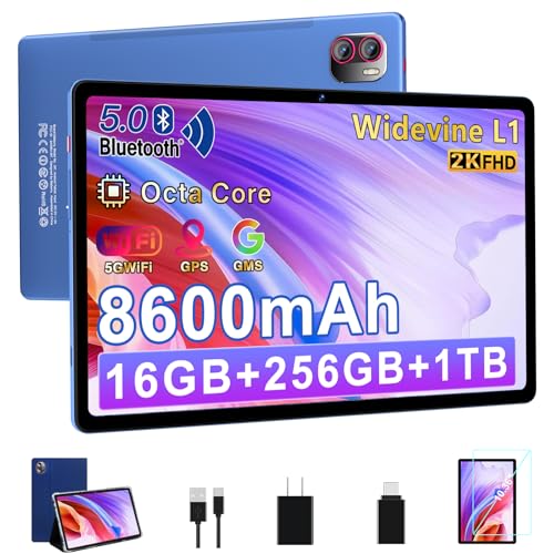 BIEGEDY Tablet Pantalla 2K,16GB RAM + 256GB ROM + TF 1TB / 8600 mAh/Octa-Core 2.0 GHz/2000 x 1200 Pixels / 5G WiFi/Bluetooth 5.0/ 5MP + 13MP,Tablet Azul