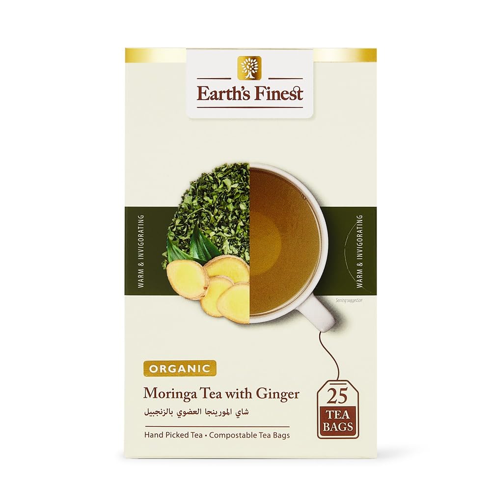 Earth's Finest Organic Moringa Tea With Ginger - 25 Bags | Fresh Flavor, Non-GMO & Caffeine-Free 100% Natural, Antioxidant Rich Herbal