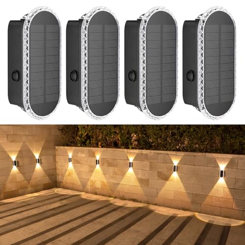 HAMLITE Luz solar para valla de jardín: 4 paquetes de iluminación superior y descendente resistente a la intemperie - Modos ajustables de 3000 K-6500 K - Lámpara de pared fácil de instalar con batería