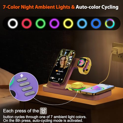 Image of Dual Phone Magnetic Wireless Charging Station for Apple Devices, 7-Color Auto Light & 12H Clock, Multi-Device Charger for iPhone 17 /16 /15, for iWatch 11 /10 /9 & AirPods Pro3(Purple