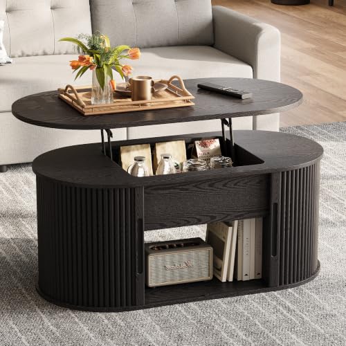 Image of LINSY Lift Top Coffee Table, Oval Fluted Coffee Table with Storage, Mid Century Modern Wooden Coffee Tables with Sliding Tambour Door, 39 inch Center Table for Living Room, Office, Small Space, Black
