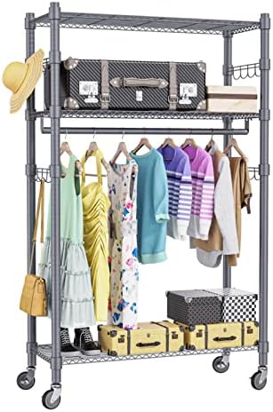 Homdox 3-Tier Garment Rack, Heavy Duty Clothing Wire Shelving, Rolling Free Standing Closet with Lockable Wheels, 1 Hanging Rod and 2 Pairs Side Hooks, Gray