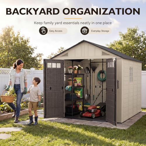 Image of Aoxun 8x10 Ft Outdoor Storage Shed with Floor, Large Resin Outdoor Shed with Lockable Door & Windows, Garden HDPE Sheds for Lawn Tools, Pool Supplies & Bikes