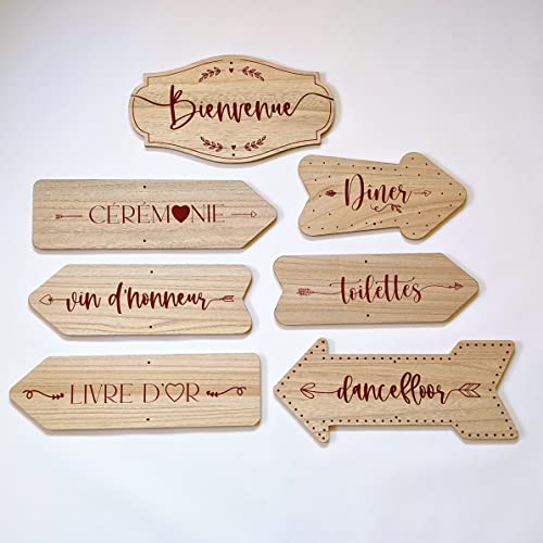 Lot 7 flèches directionnelles en bois | 45 x 13 cm | Décoration mariage - Panneaux de signalisation - Signalétique mariage à accrocher | Bienvenue, Vin...