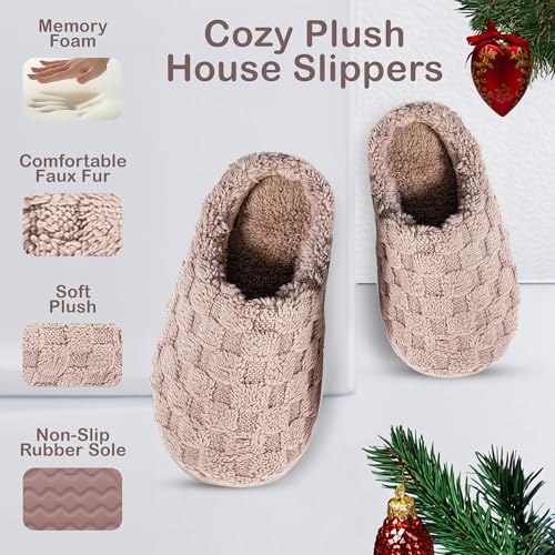 DIUS Fuzzy House Slippers for Women & Men, Memory Foam Slippers Indoor Outdoor Non Slip Rubber Sole Cozy Bedroom Shoes2