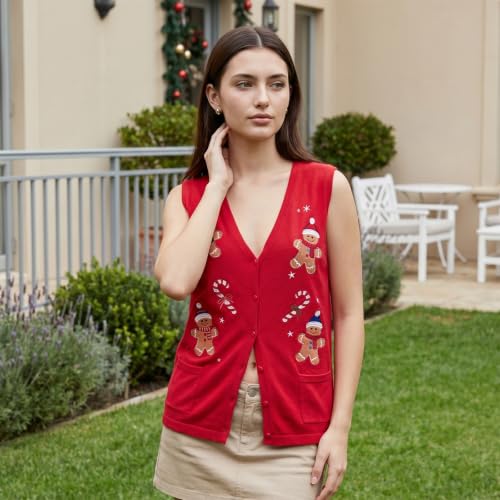Image of SOLILOQUY Christmas Sweater Vest for Women Button Down Embroidery Knit Vest