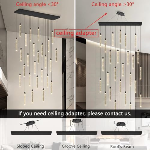 Image of Rectangular Chandeliers 26-Lights Long Light for Entryway LED Dimmable Chandeliers Lighting Fixture Flat Sloped High Ceiling Pendant Lights Crystal for Living Room Foyer Hallway Staircase Black