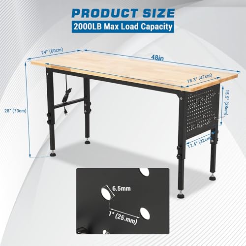 Rolling Garage Work Table,Adjustable Height Workbench Heavy Duty,24" D x 48" W Wood Work Bench with Pegboard, Power Strip and Hooks,
