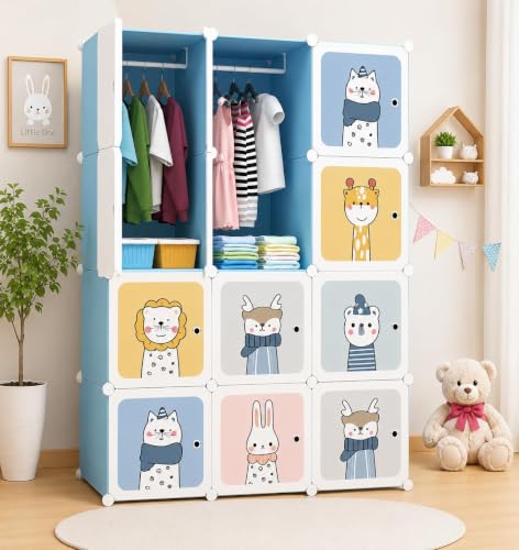 Image of 12 Door Plastic Wardrobe for Kids - Cupboard for Clothes Storage Rack, Almirah for Clothes, Baby Collapsible Wardrobe, Multi-Purpose Kids Storage Organizer for Books,Toy (Blue-KTF1, 12-Door)