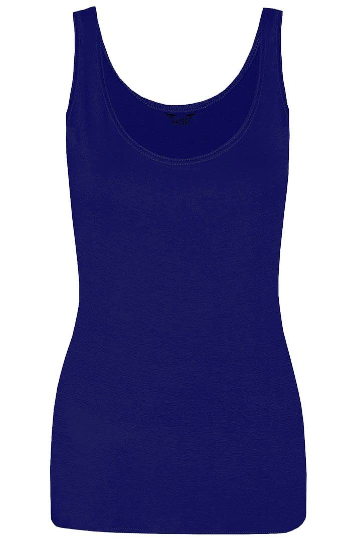 New Ladies Women Solid Wide Shoulder Tall Vest Scoop Neck Tank Top Navy