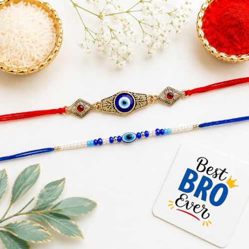 Image of eCraftIndia Set of 2 Designer Evil Eye Rakhis for Brothers with Best Bro Ever Fridge Magnet | Roli Chawal Pack