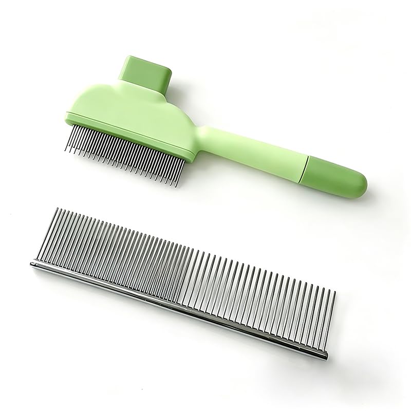 Pet Grooming Brush and Comb Set, Self-Cleaning one-key Button, Dual-Density Teeth Stainless Steel Comb for Cats and Dogs, Green