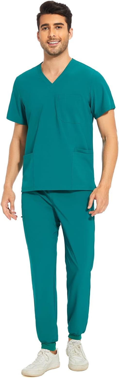COZYFIT Men Scrubs Set — Stretch V-Neck Scrub Top & Jogger Pant with 8 Pockets, Yoga Waistband, Anti-Wrinkle Scrubs for Men