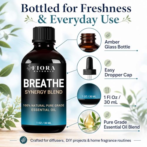 Image of Breathe Essential Oil for Diffuser, 100% Natural Pure Grade Synergy Blend with Eucalyptus, Peppermint, Tea Tree, Lemon, Pine Needle, Cardamom & Laurel Leaf, Refreshing Blend for Aromatherapy
