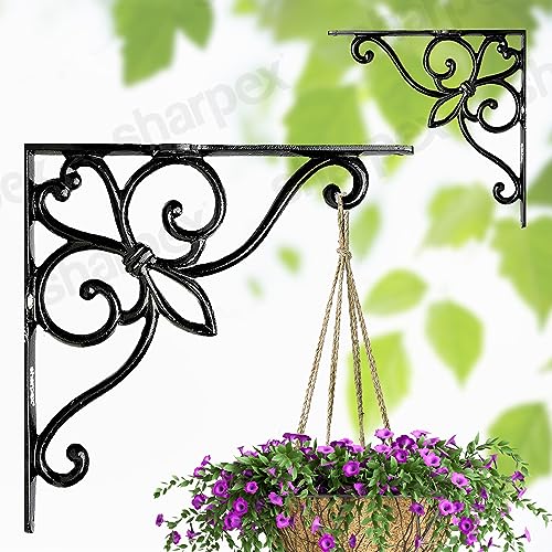 Image of Sharpex Wall Mounted Metal Bracket | Decorative Wall Hook Plant Hanger for Hanging Pots, Bird Feeders, Flower Baskets, Planters, Lanterns, Lamps, and Wind Chimes for Indoor /Outdoor Use (Black, 2 Pc)