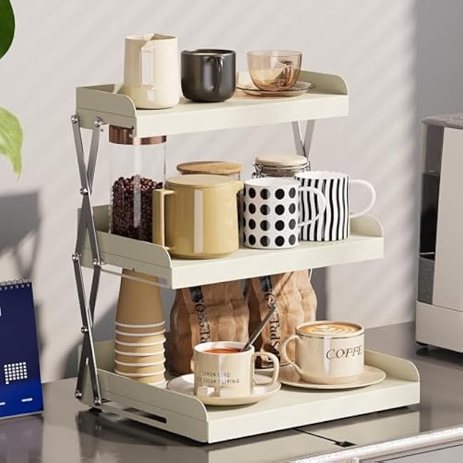 SanDream 3 Tier Coffee Mug Organizer Shelf, Coffee Bar Station Accessories, Cup Holder Rack Display Stand, Counter Organizer for Kitchen Bathroom Office,White
