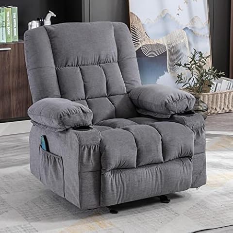 BOSMILLER Massage Rocker Recliner Chair with Vibration Massage and Heat Ergonomic Lounge Chair for Living Room with Rocking Function and Side Pocket, 2 Cup Holders, USB Charge Port Cover