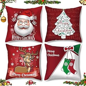 Sunshine Smile Set of 4 Cushion Covers, Christmas Cushion Cover, Merry Christmas, Home Decor, Linen Decorative Cushion Covers, Christmas Decorative Cushion Cover, 45 x 45 cm (K)