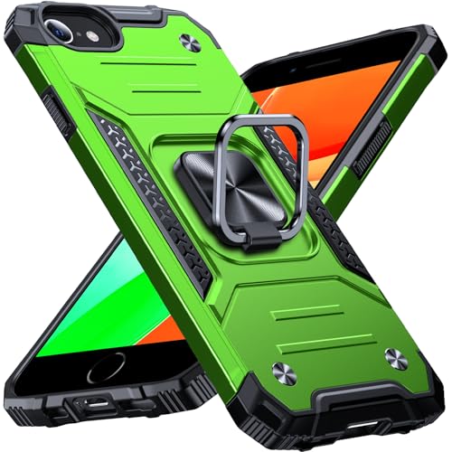 Anqrp Heavy Duty Case for iPhone 6/7/8/SE/SE2 Case with Enhanced Ring Holder Grip Stand, Military Grade Shockproof Rugged Drop Protective Silicone Hard Slim iPhone SE Phone Case Cover,Spring Grass