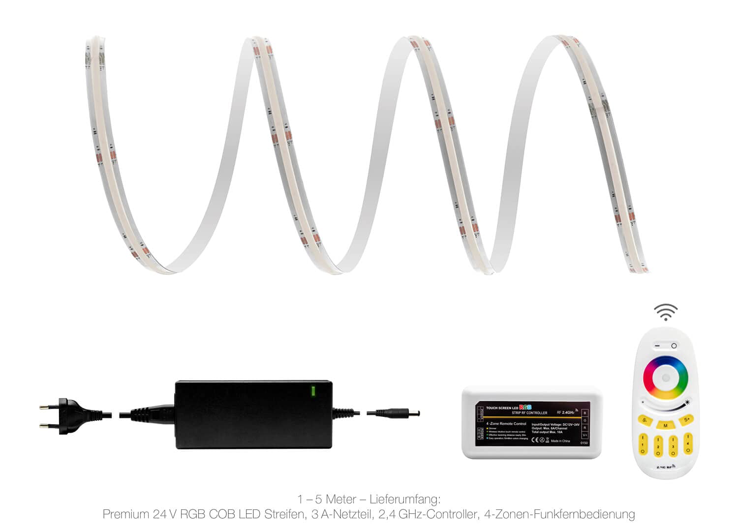 LED Universum Tira LED COB de 4 zonas, RGB, con mando a distancia, controlador y fuente de alimentación, filamento premium, 24 V, IP20, multicolor (2 metros)