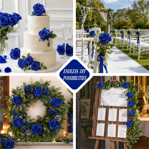 Image of 30 PCS Blue Roses Artificial Flowers, Fake Glitter Roses with Stem Realistic Silk Roses for Wedding Bouquets Table Centerpieces Arrangement Baby Shower Home Decor Anniversary Birthday Gift for Her
