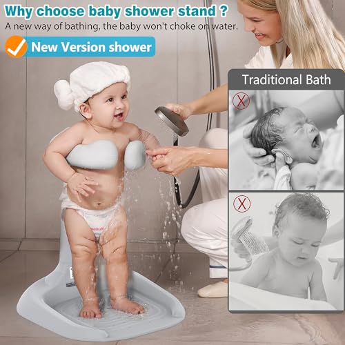 Image of Baby Shower Stand, Adjustable & Foldable Baby Bath Stand with Anti-Slip Base,Anti-Pinch Silicone,Baby Shower Standing Support (6-36 Months),Portable Toddler Shower Stand| Soporte para Banera de Bebe