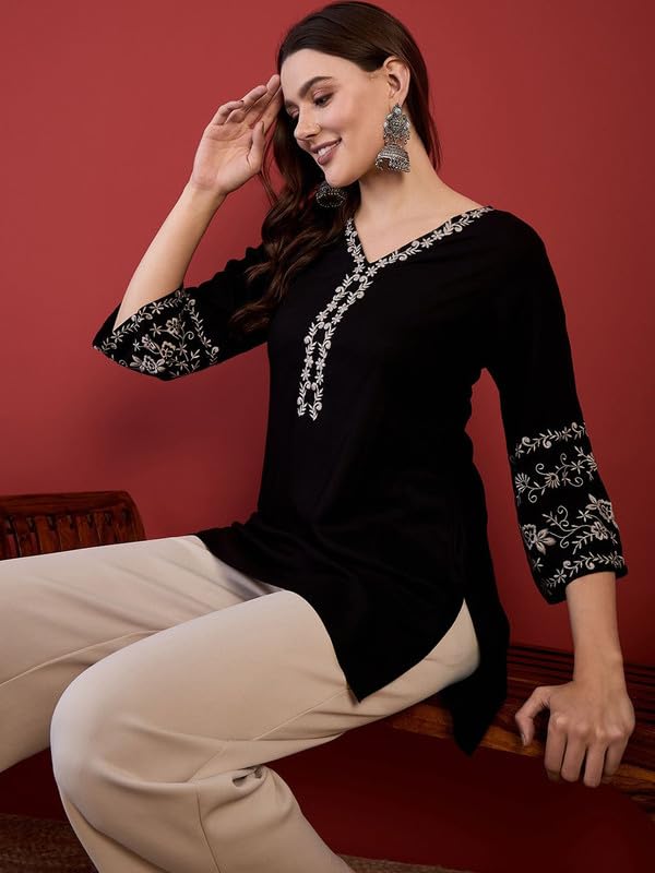 Image of Women's Ethnic Printed Rayon Short Kurta | Stylish Round Neck V-Slit Straight Kurti | Comfortable, Office & Casual Kurta for Jeans, Leggings & Trousers