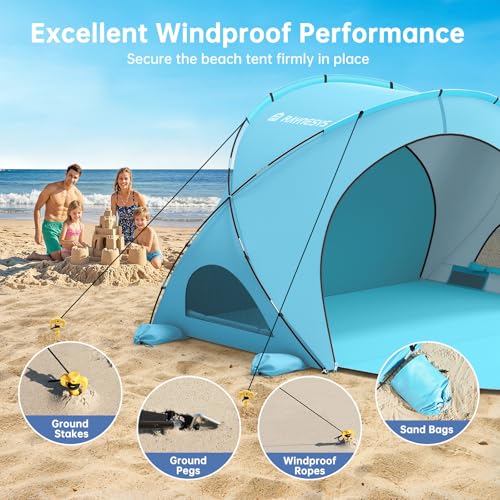 Image of Raynesys Beach Tent Sun Shelter for Sand Camping, 1-4 Person, Light Blue | Beach Shade Tent with UPF50+ UV Protection, Portable Sun Shelter, Shade Tents with 2 Zippered Doors