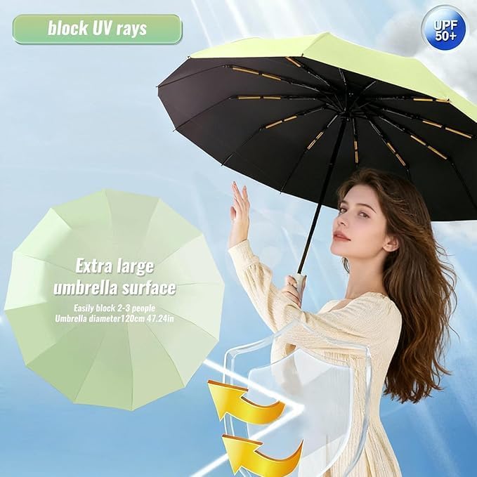 2 Packs Windproof Waterproof UV-Blocking Travel Umbrella, Compact Folding Sun & Rain Umbrella with Auto Open Close, Large 47inch(120cm) Canopy for 2-3 People, UPF50+ Sun Protection with 6°C Feel Cooling Effect