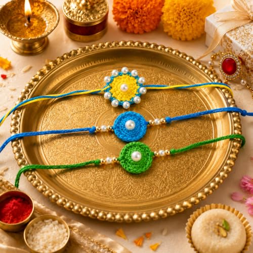 Image of Handmade Crochet Rakhi Set of 3 with Pearl Design for Boys & Kids