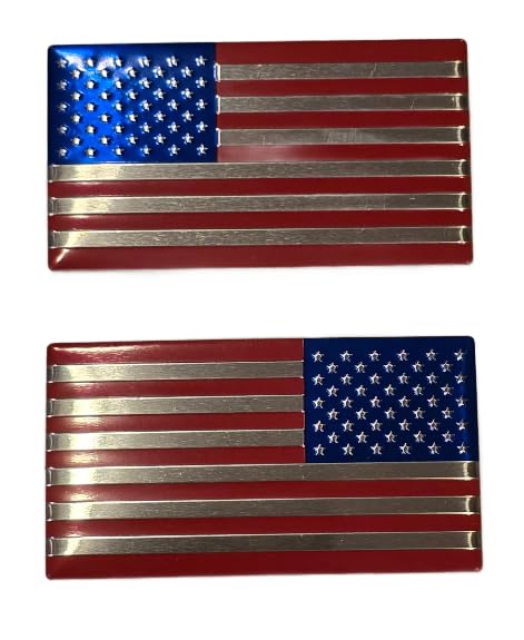 Image of Muzzys (Set of Two) 3.2 inch x 1.75 inch Red Chrome Blue Aluminum Embossed Left & Right American Flag Decal Emblem Sticker Badge United States Stick On Fender Bed Car Truck Window USA