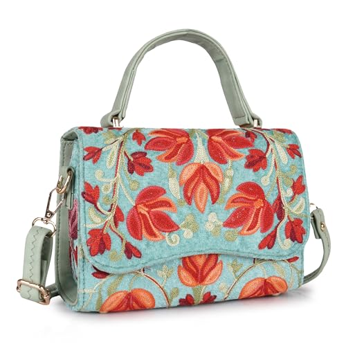 Image of Floral Embroidered Crossbody Sling Bag with Top Handle, Vintage Style Canvas for Women