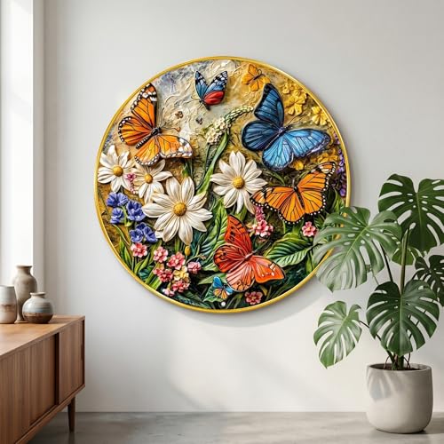 Image of SAF Butterfly Floral Wall Painting Round PVC Golden Frame Colorful Nature Wall Decor for Living Room Bedroom Office Modern Flower Art Decorative Gift Item (20 x 20 Inch) GRL-379