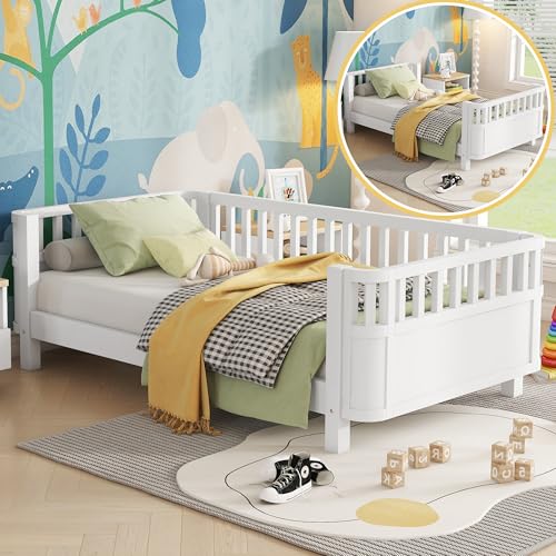 Twin Size Montessori Bed with Guardrails, Wood Kids Bed Frame with Slats Support, Low to Ground Modern Baby Bed with Removable Side Rails for Boys Girls Bedroom Living Room, White