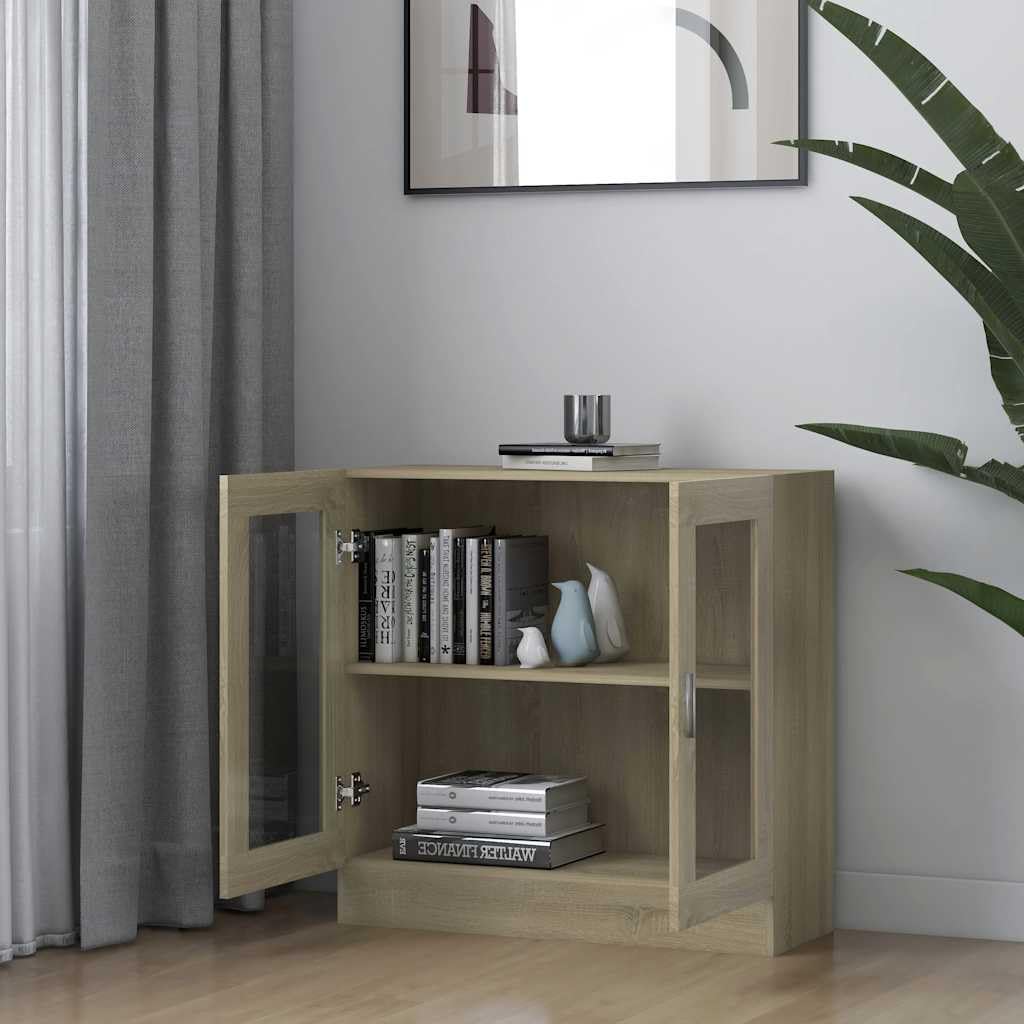 Szafka z witryną dąb Sonoma 82,5 x 30,5 x 80 cm materiał drewnopochodny ze szklanymi drzwiami do salonu, gabinetu, biura, segregatora i dekoracji