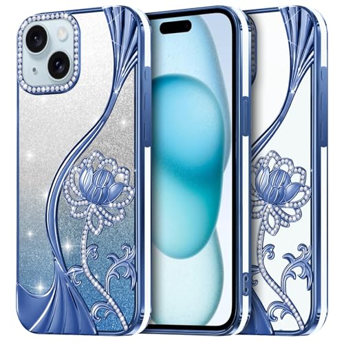 Coque iPhone 15 à motif floral bleu paillettes pour un style quotidien élégant