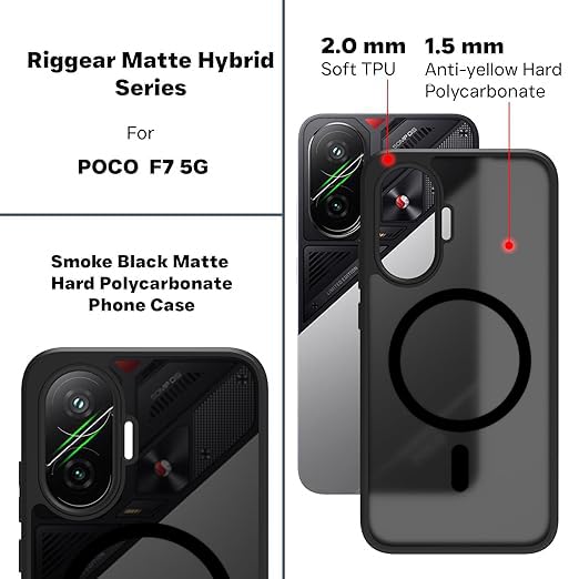 Image of RIGGEAR Shockproof Sleek Hybrid Armor Magnetic Back Cover Case Compatible with MagSafe Accessories for Poco F7 5G (Smoke Black Matte PC + Black TPU Bumper)